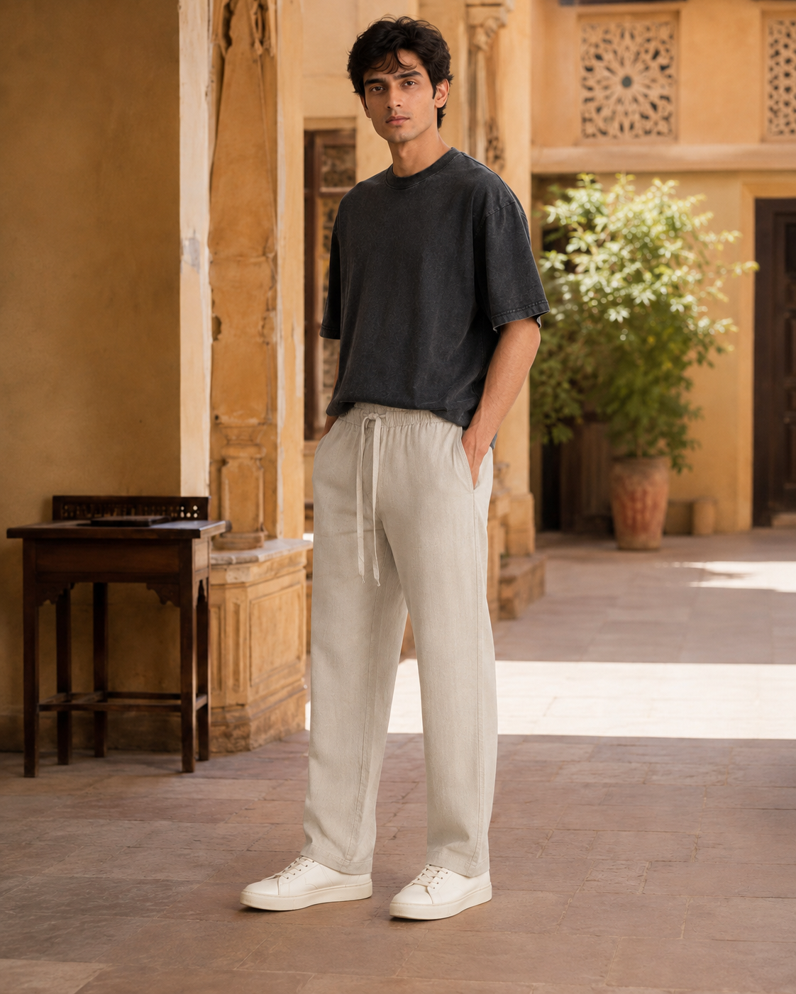 Men wearing Solah Anna relaxed fit cotton pants with elastic waist and drawstring