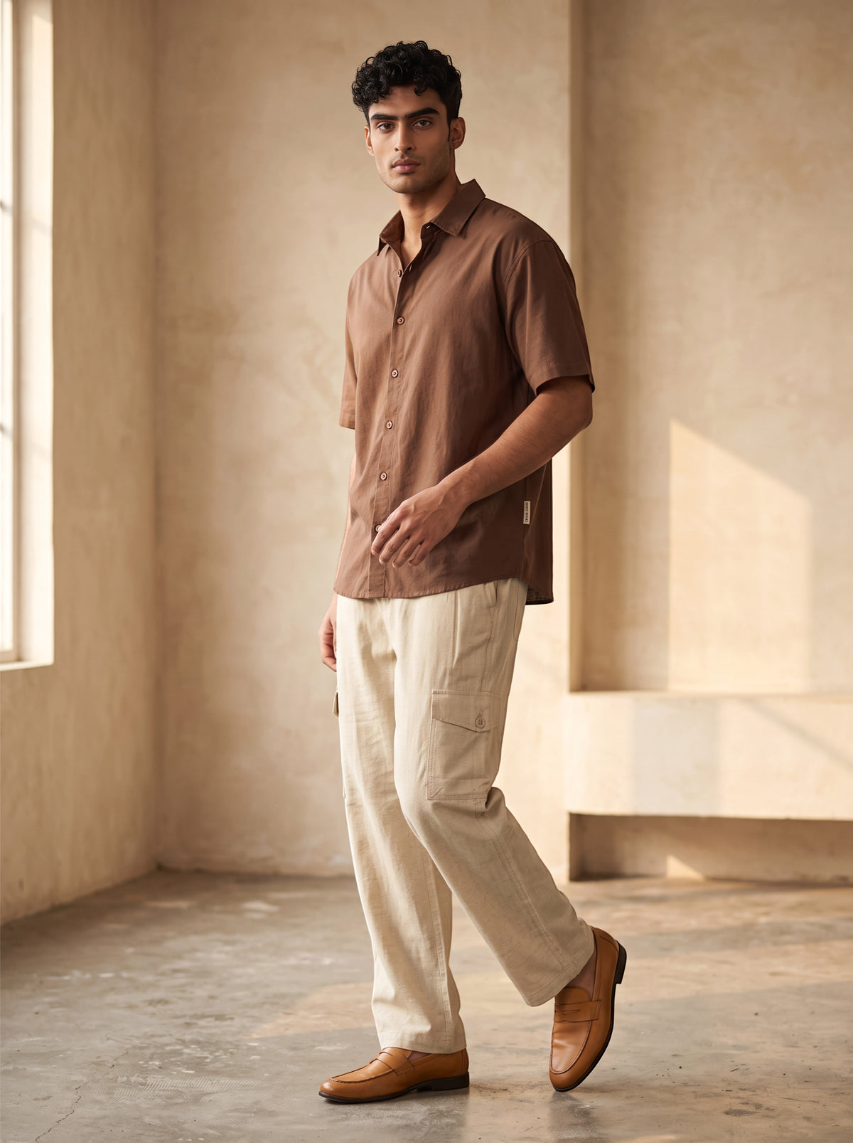 Men’s Beige Linen Cotton Cargo Pants – Straight Fit
