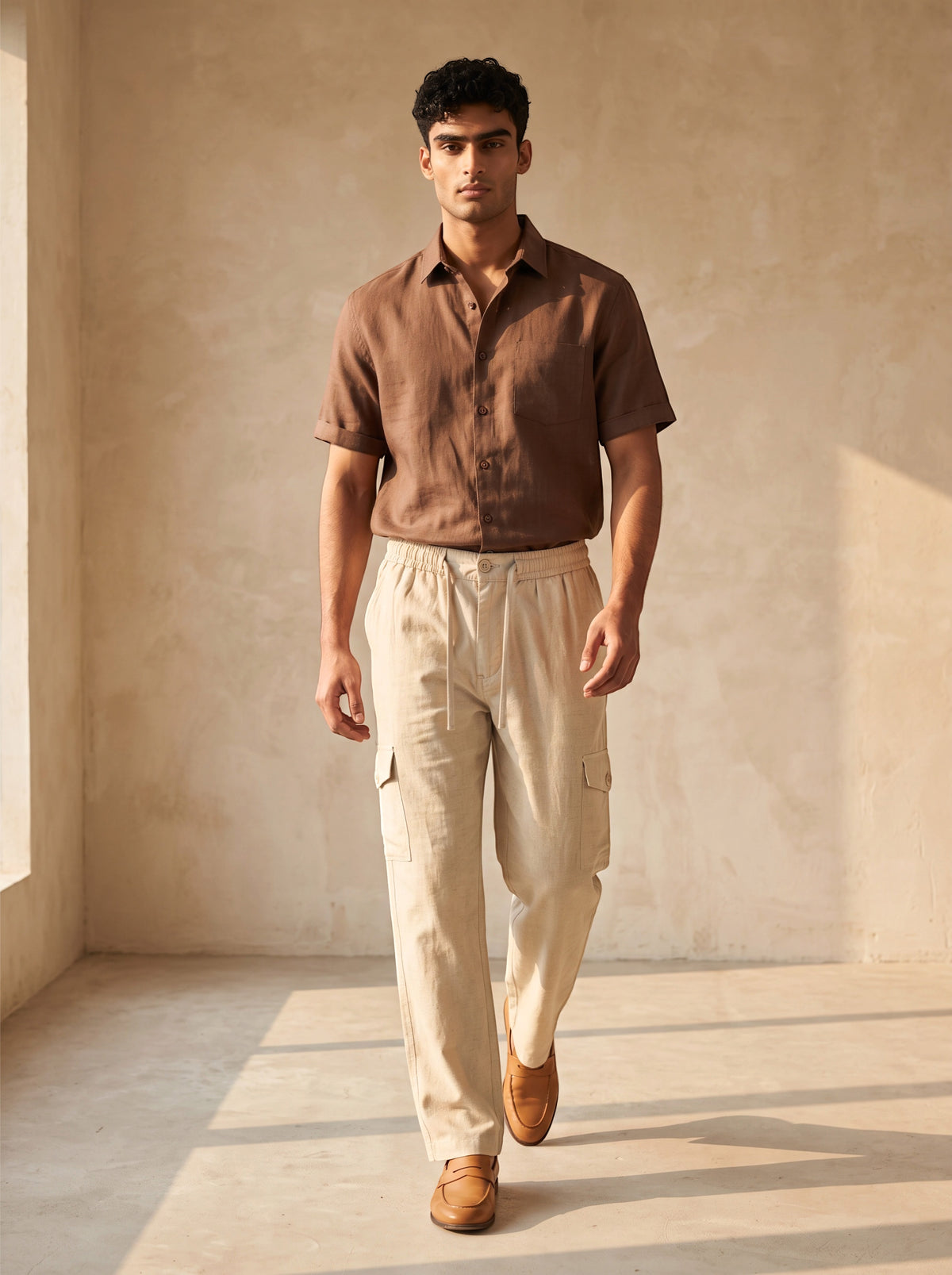 Men’s Beige Linen Cotton Cargo Pants – Straight Fit