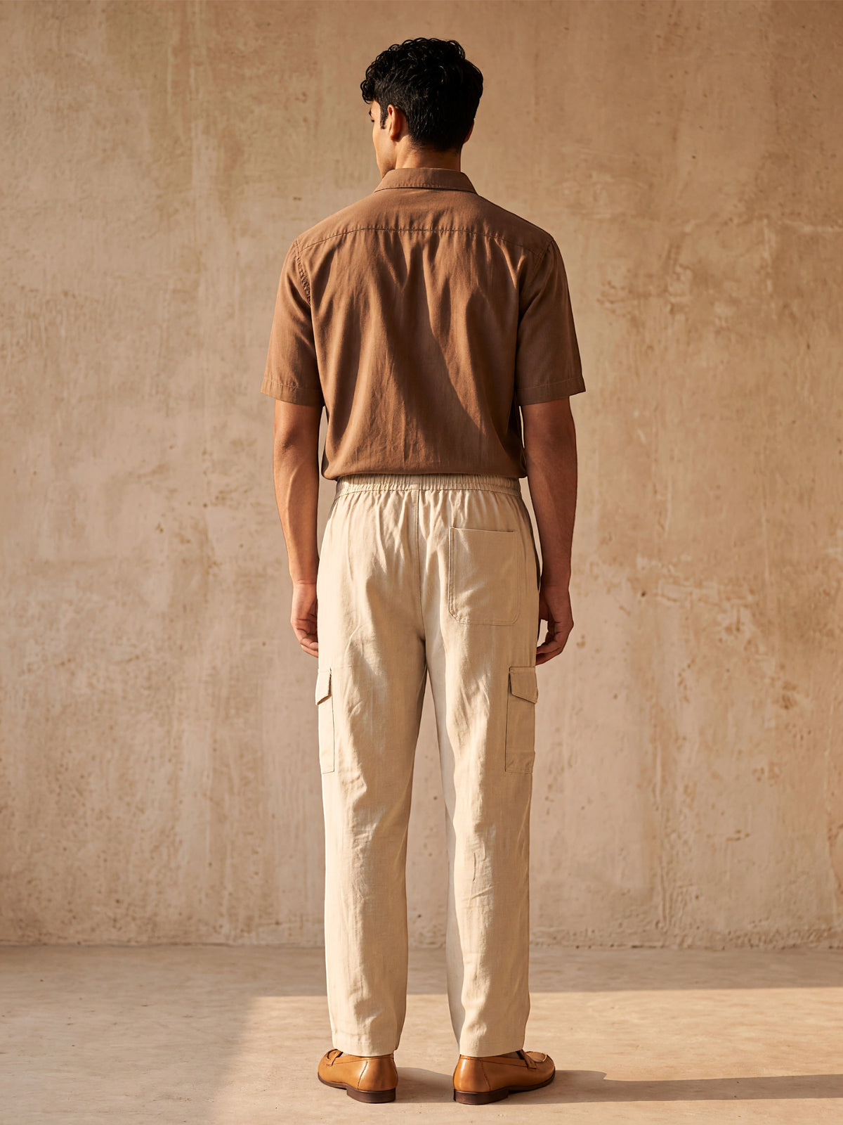 Men’s Beige Linen Cotton Cargo Pants – Straight Fit