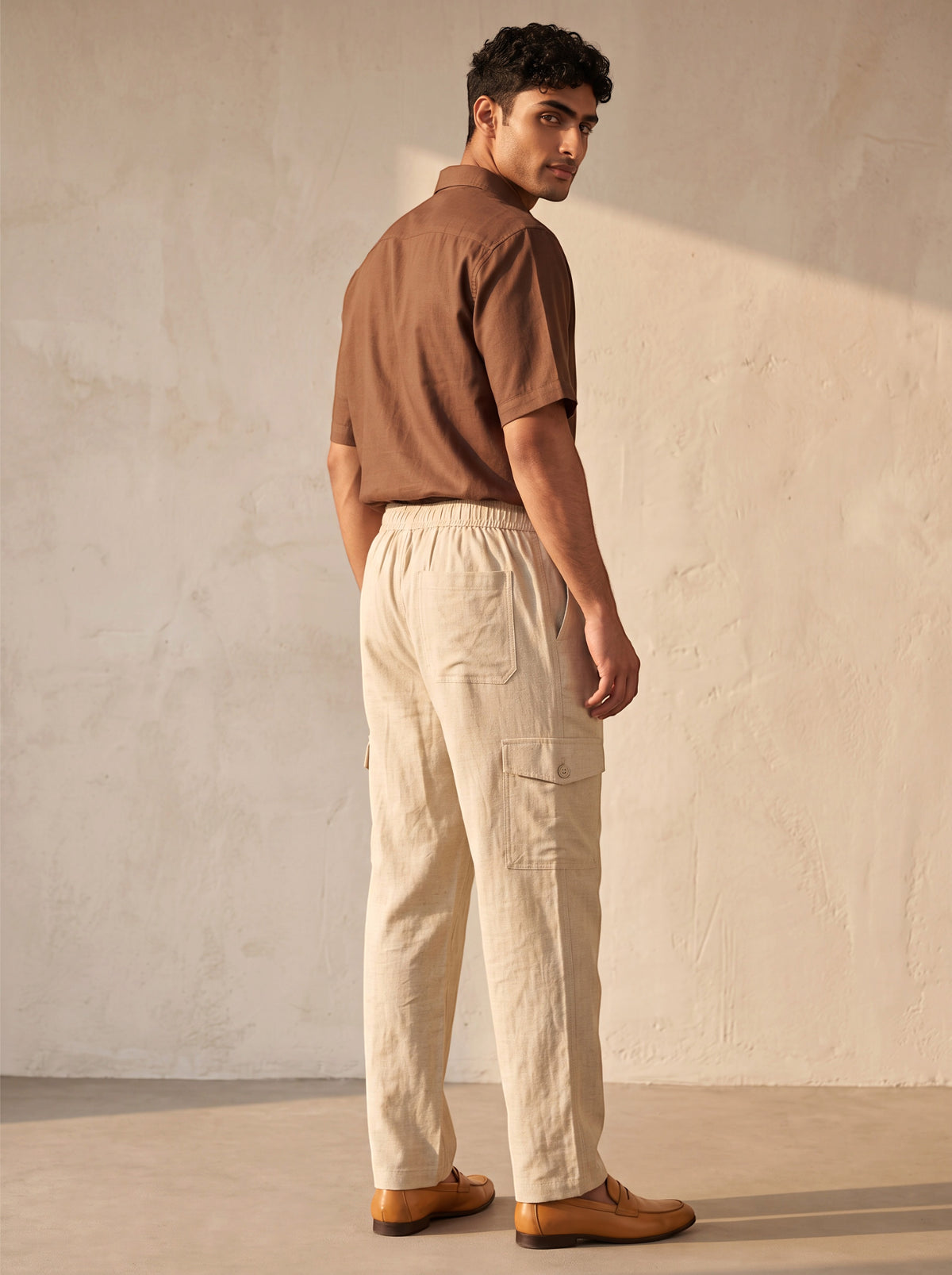 Men’s Beige Linen Cotton Cargo Pants – Straight Fit