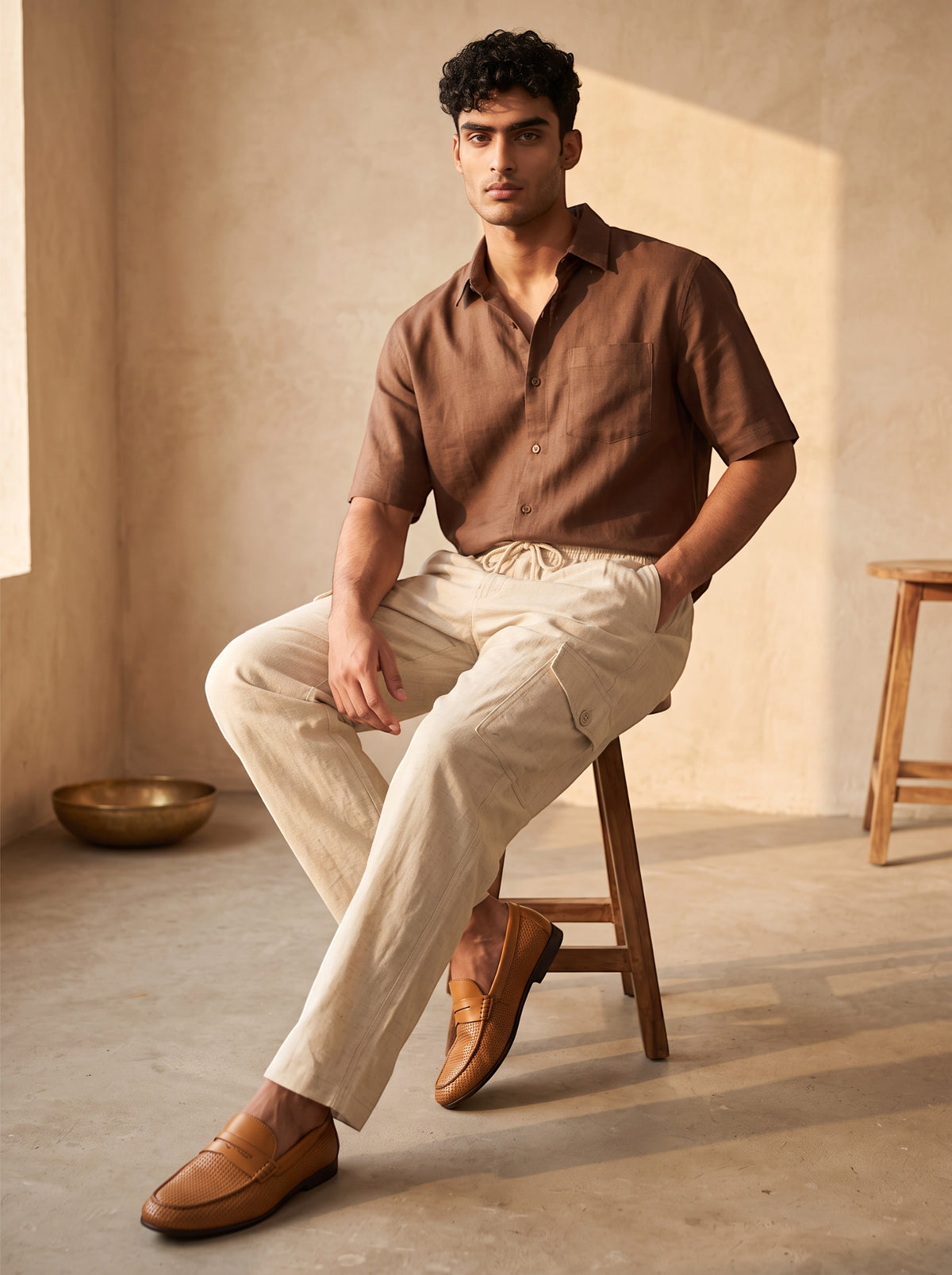 Men’s Beige Linen Cotton Cargo Pants – Straight Fit