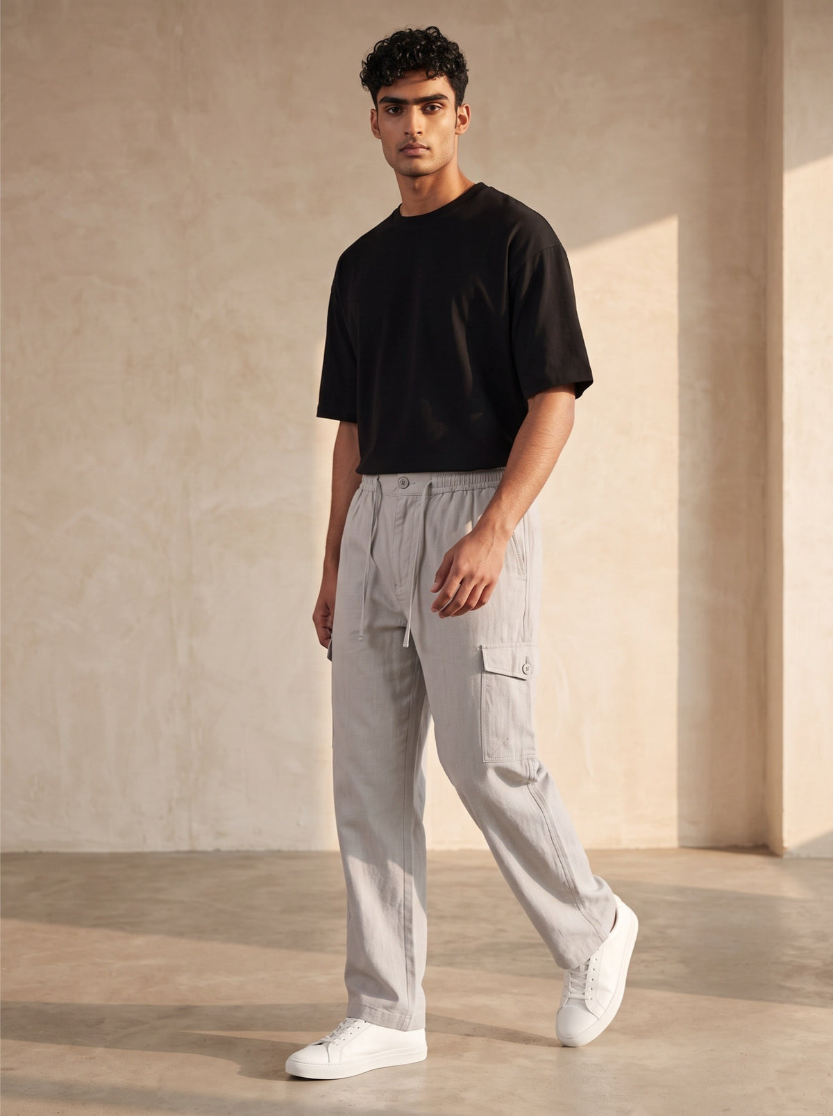 Men’s Grey Linen Cotton Cargo Pants – Straight Fit