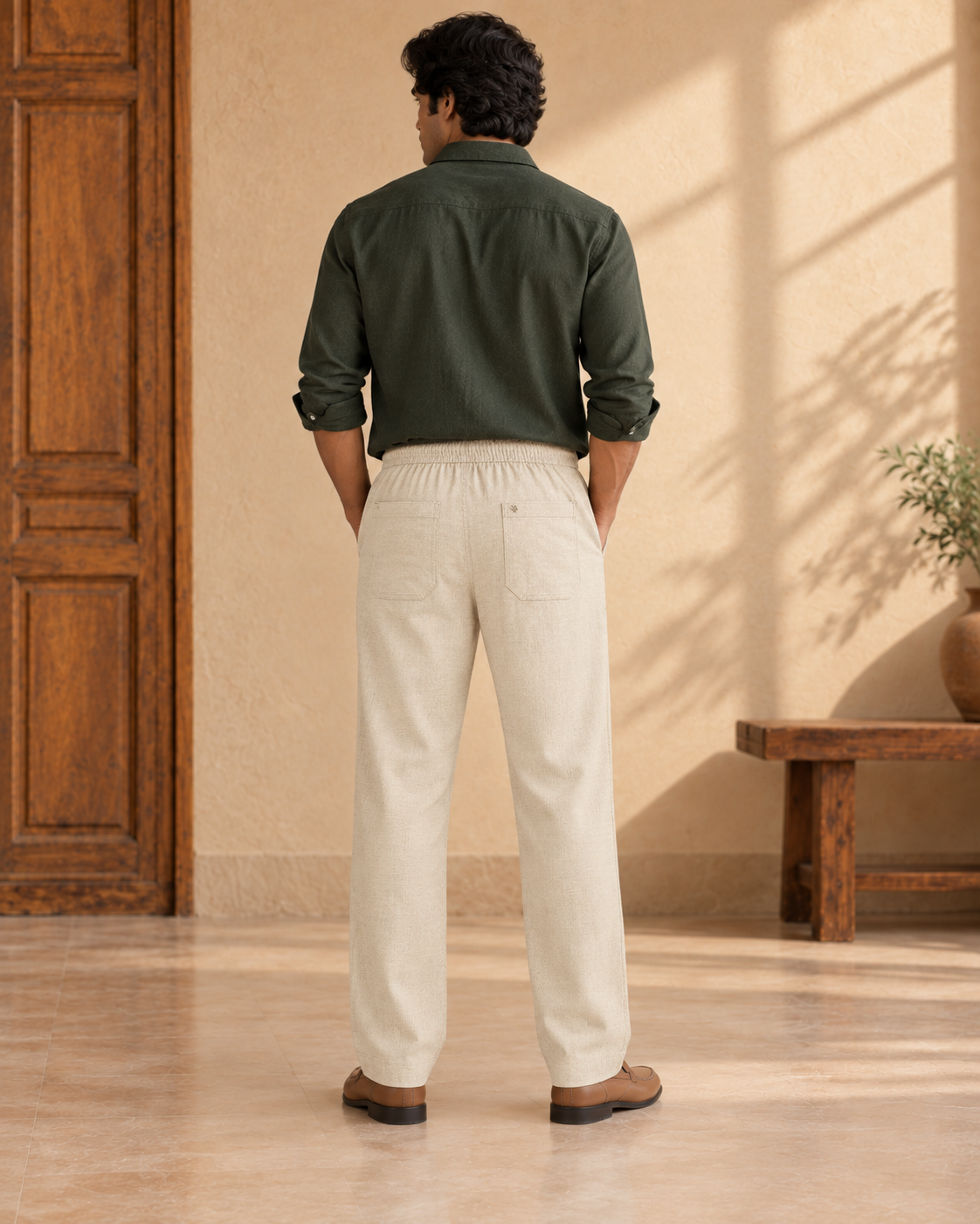 Back view of men’s beige linen cotton pajama pants showing two patch pockets