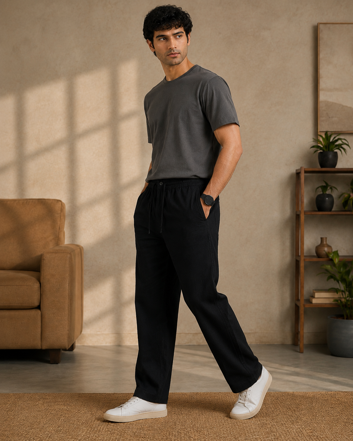 Men wearing black straight-fit cotton linen pajama pants in alternate front view