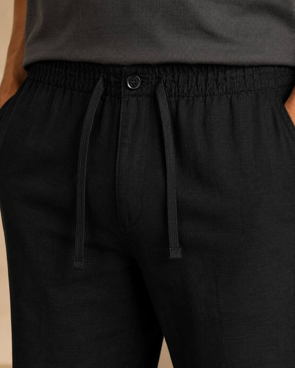 Black cotton linen pants waistband, pocket and tonal SA 16 detail