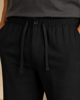 Black cotton linen pants waistband, pocket and tonal SA 16 detail