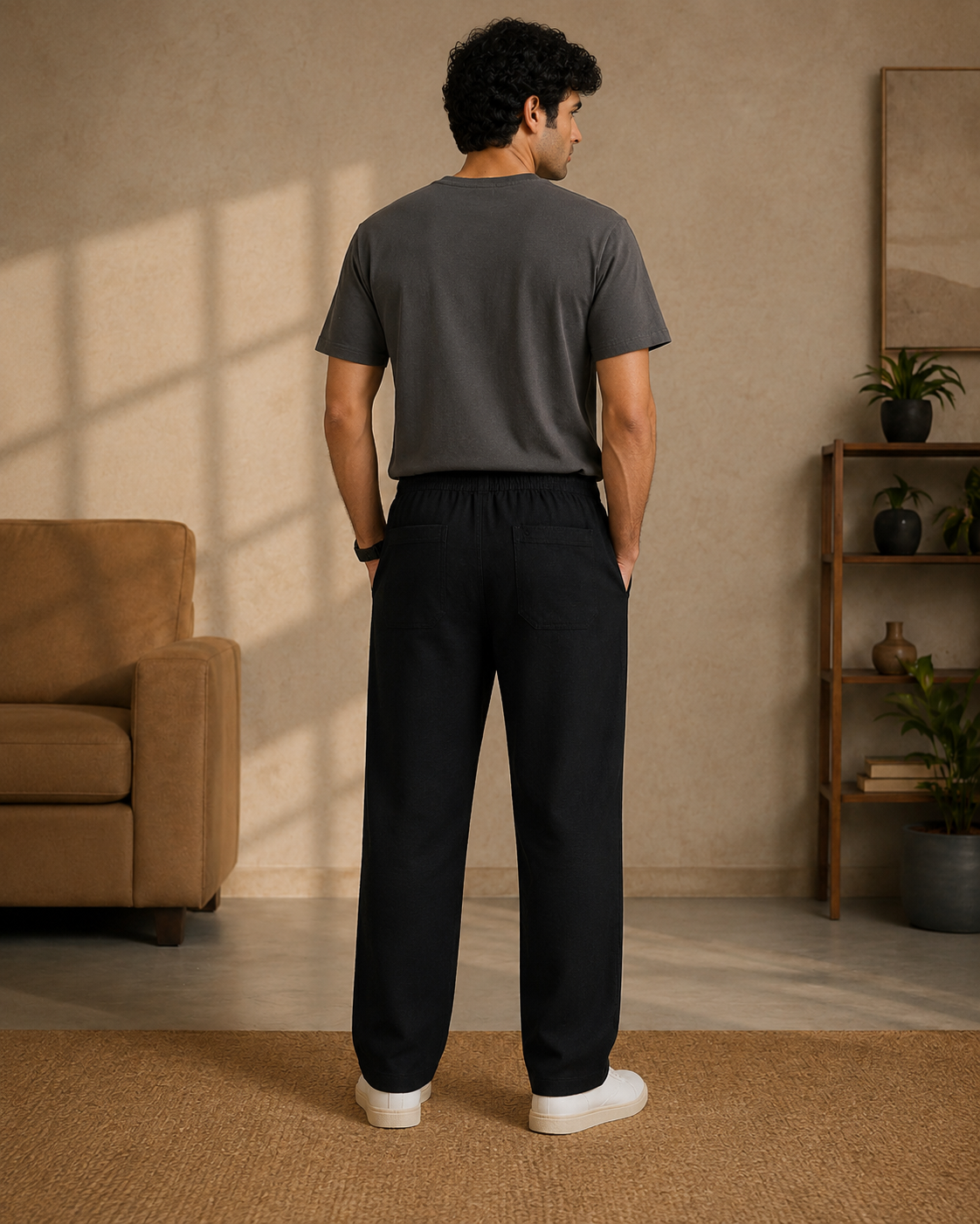 Side view of black cotton linen pajama pants with slant pocket