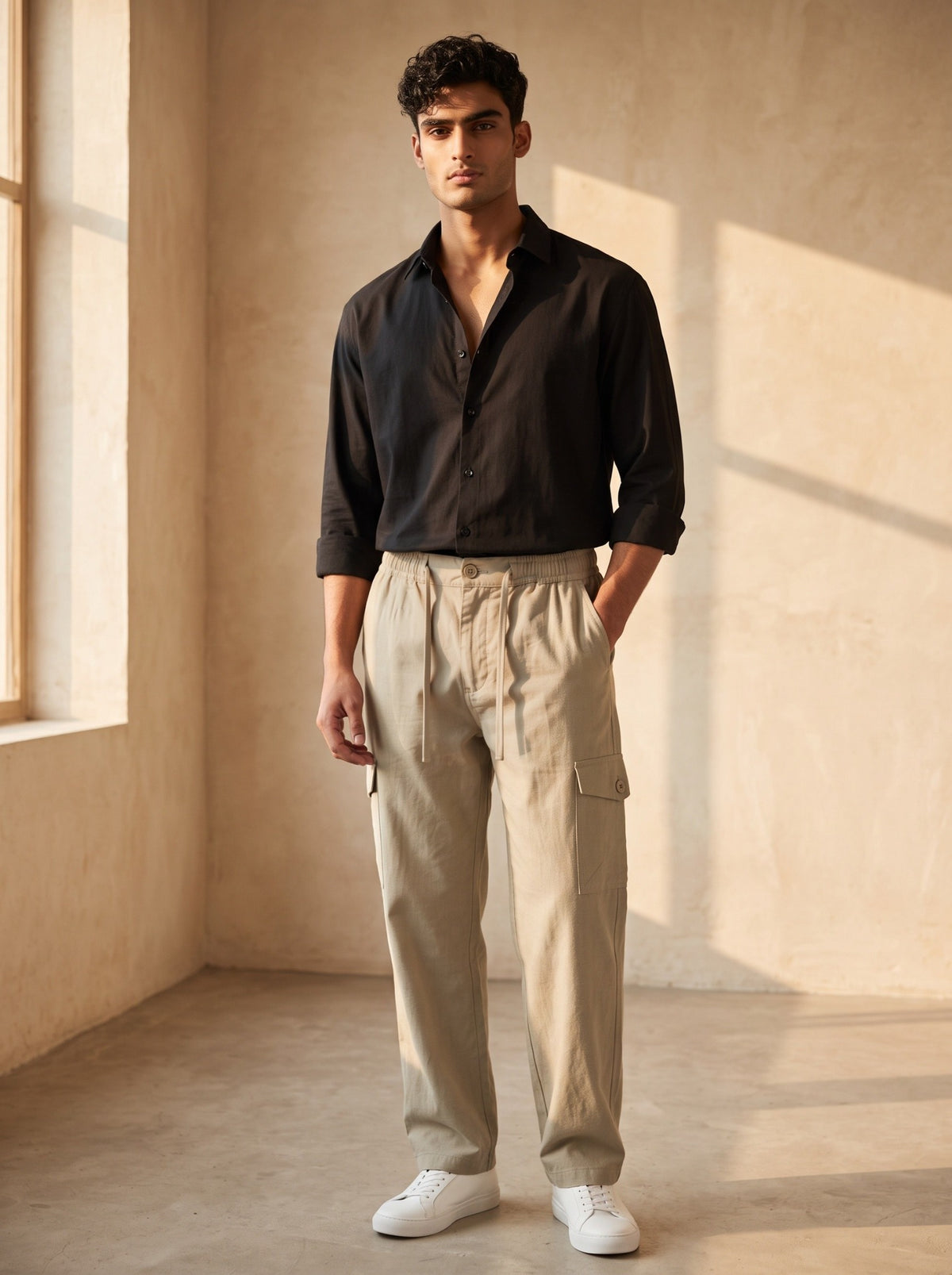 Alternate full-length front view of men’s cream cotton cargo pants with drawcord waist