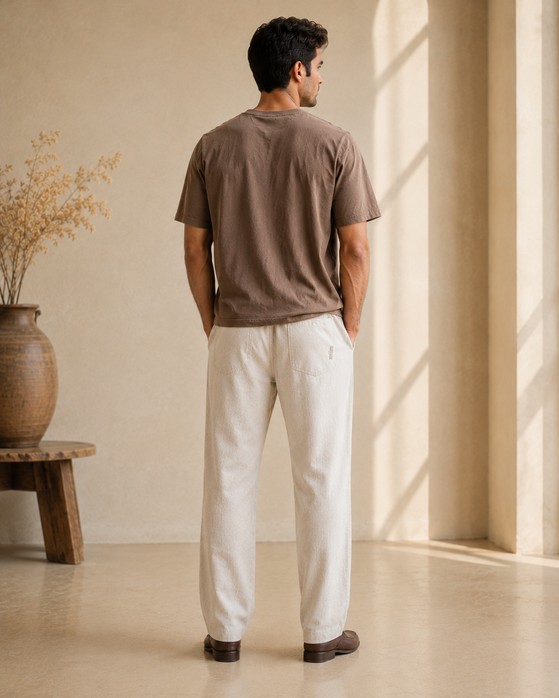 Back view of men’s cream cotton linen pajama pants showing two patch pockets