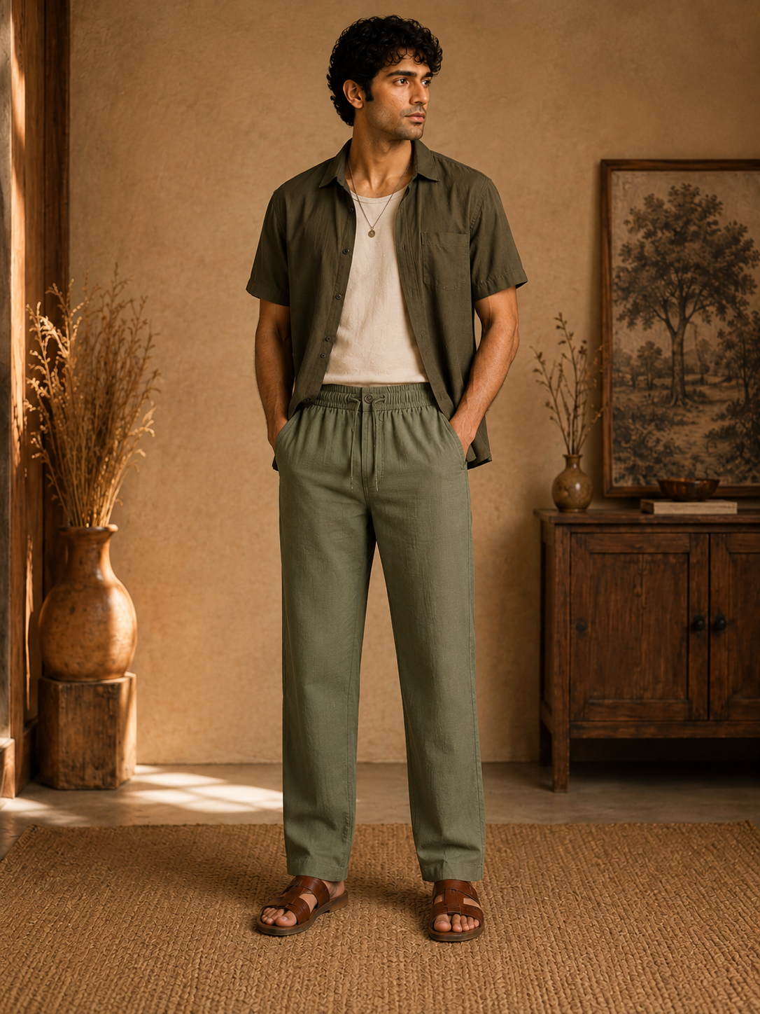 Solah Anna men's dark green cotton linen pajama pants front view