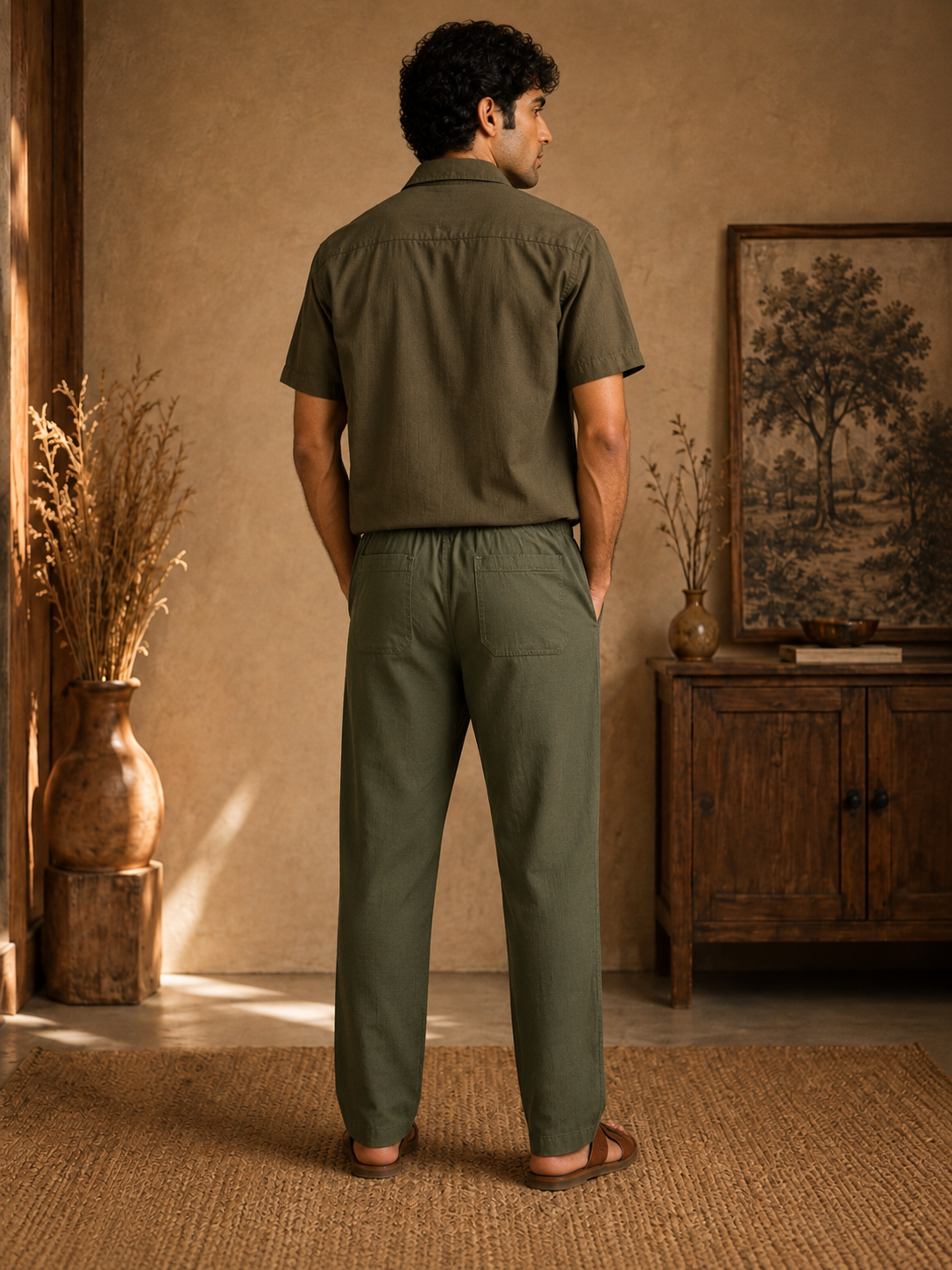 Side view of Solah Anna dark green pajama pants with slant pocket
