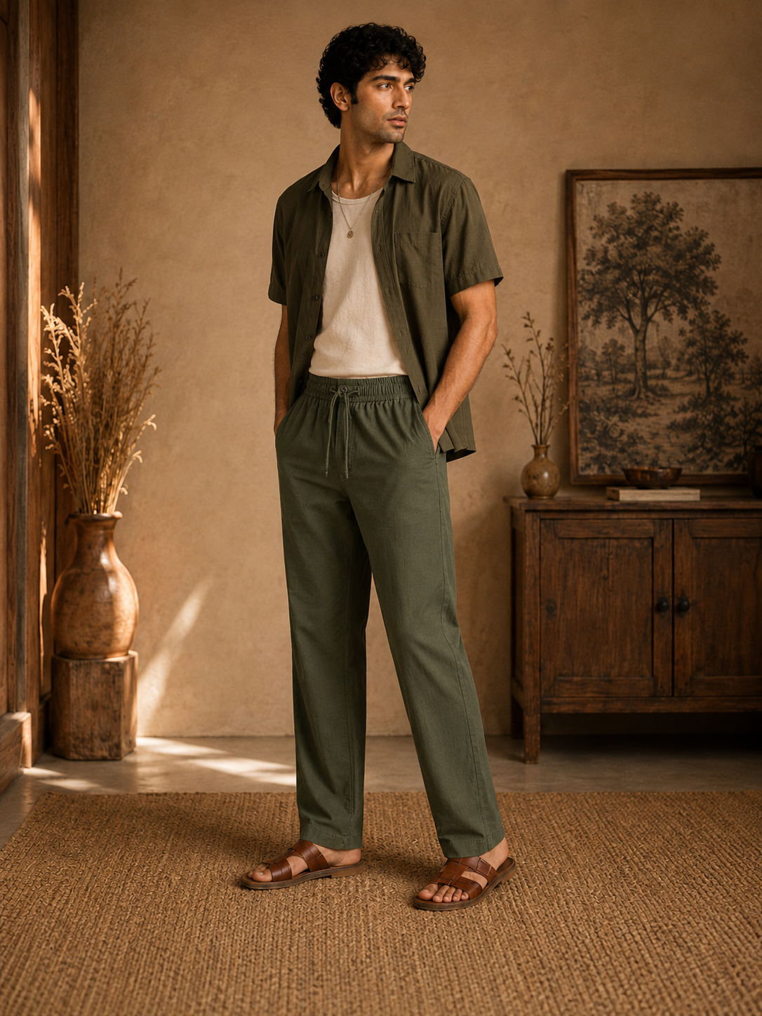 Men wearing dark green straight-fit cotton linen pajama pants in three-quarter view