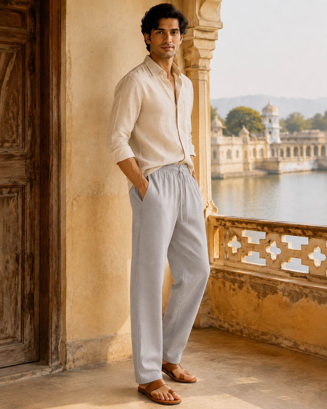 Men’s grey cotton pajama pants with drawstring and side pockets – Solah Anna