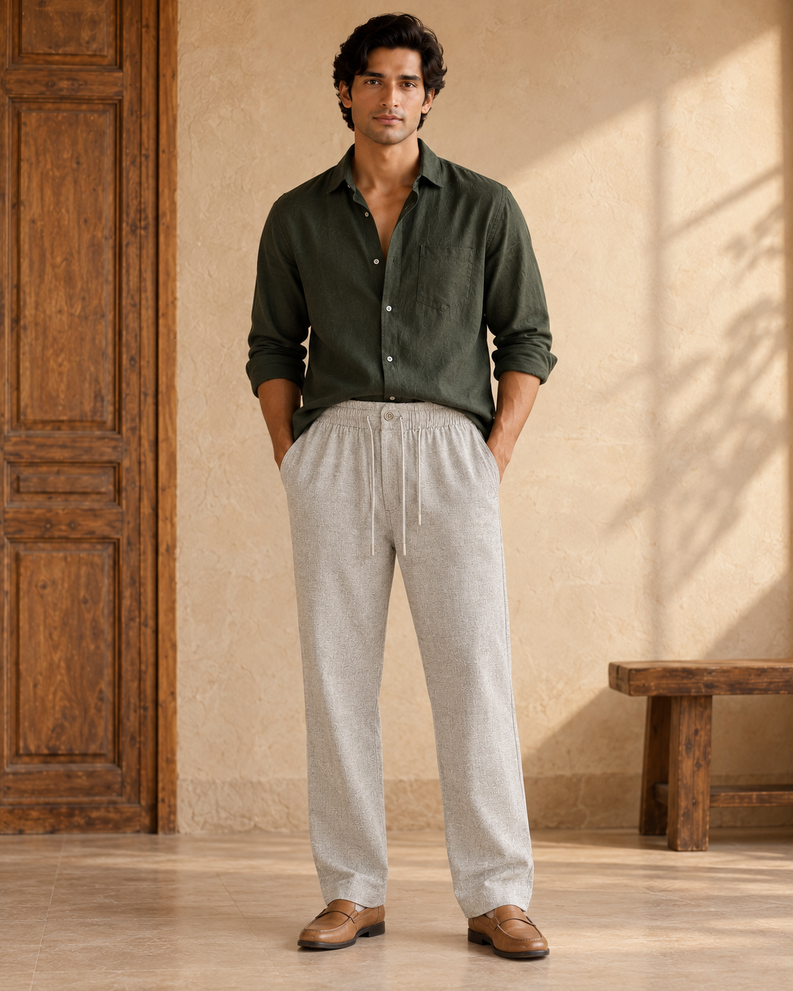 Man wearing Solah Anna grey linen cotton pajama pants in a full front view