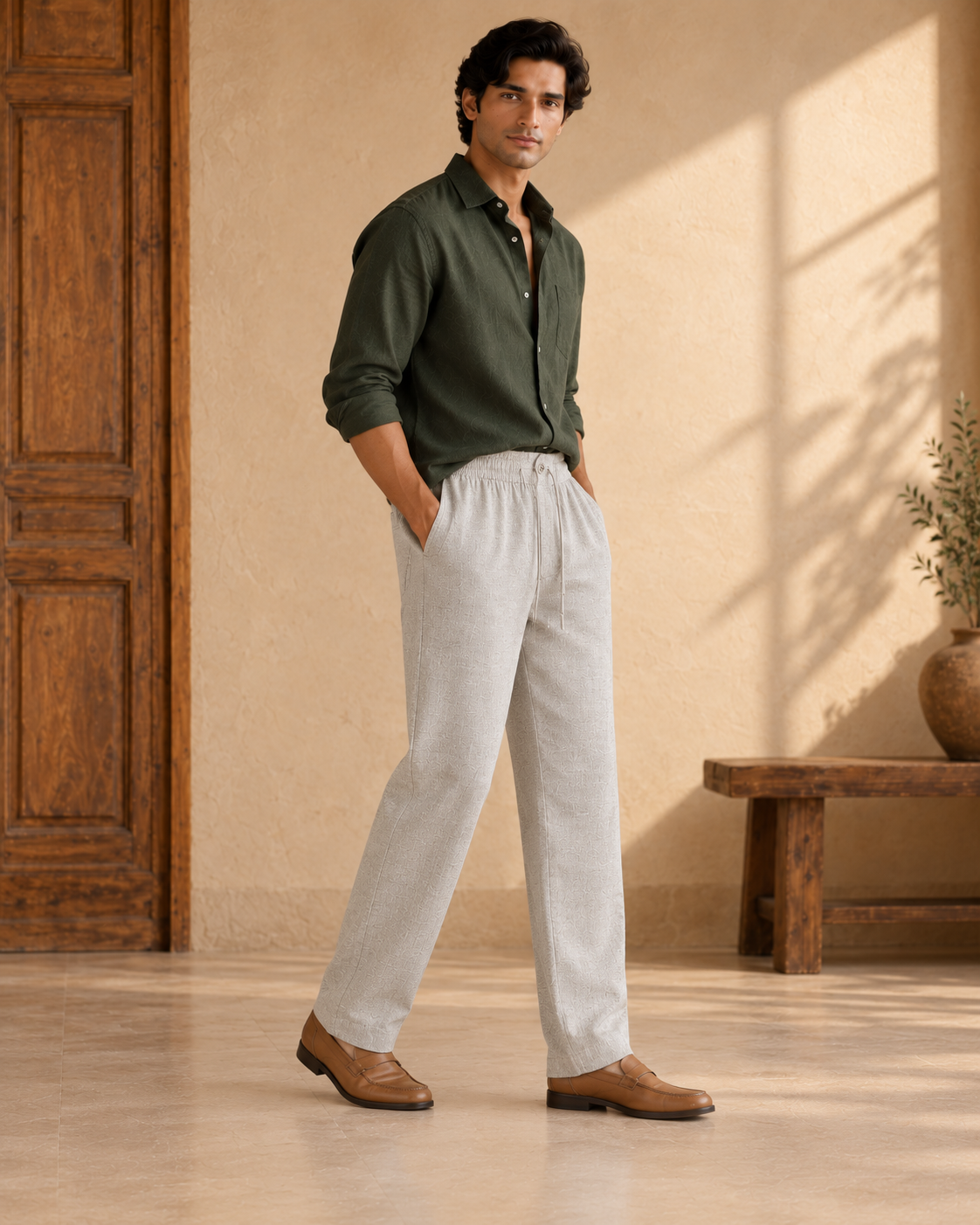 Three-quarter view of men’s grey linen cotton pajama pants with a straight-leg fit
