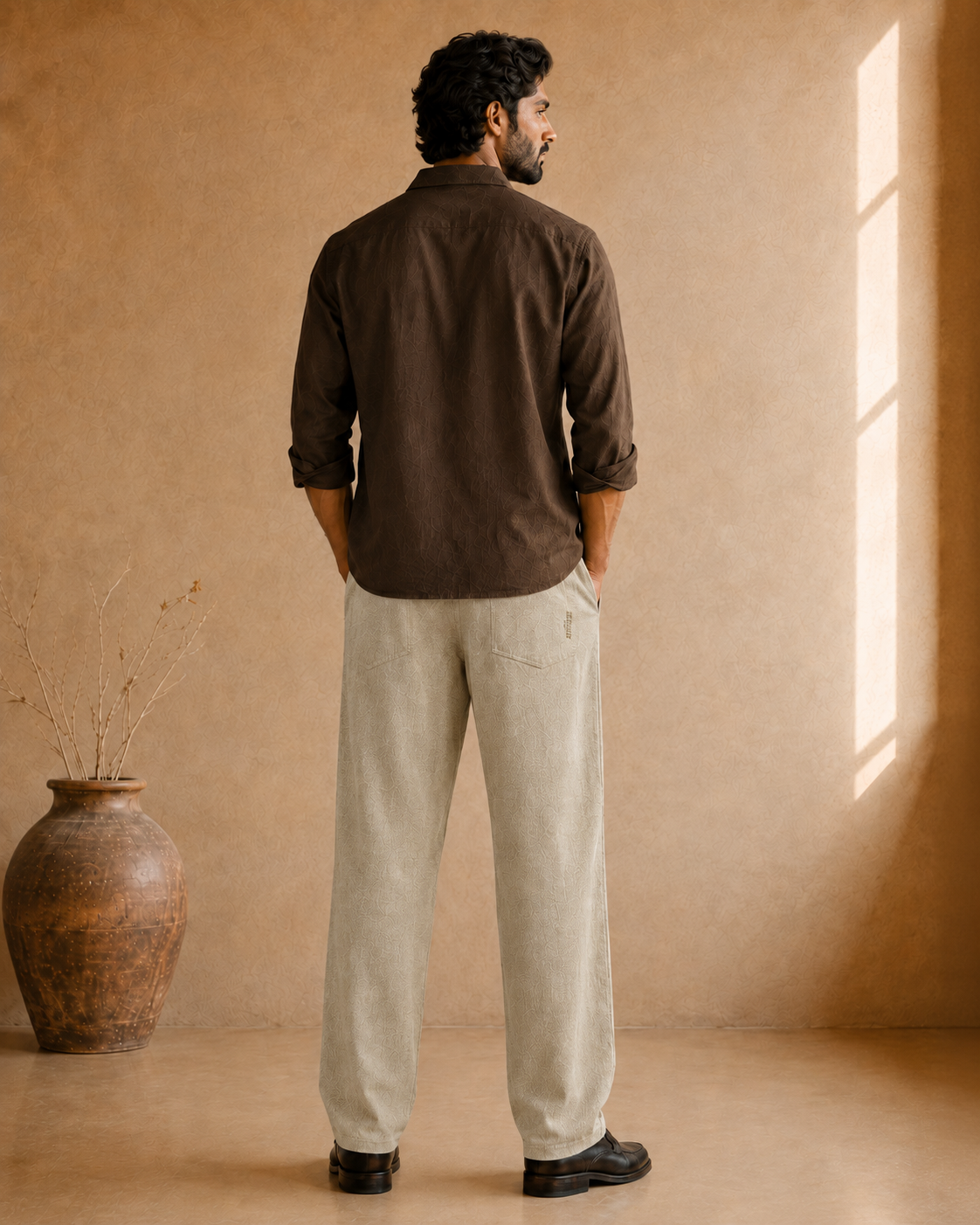 Back view of men’s light stone linen cotton pants showing two patch pockets