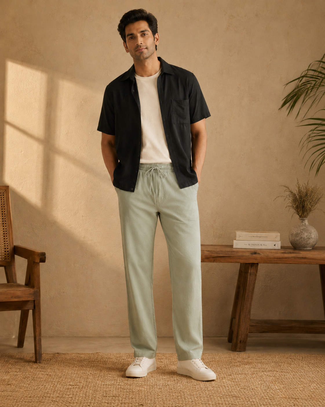 Alternate front view of men’s Pista cotton linen pajama pants with relaxed straight fit