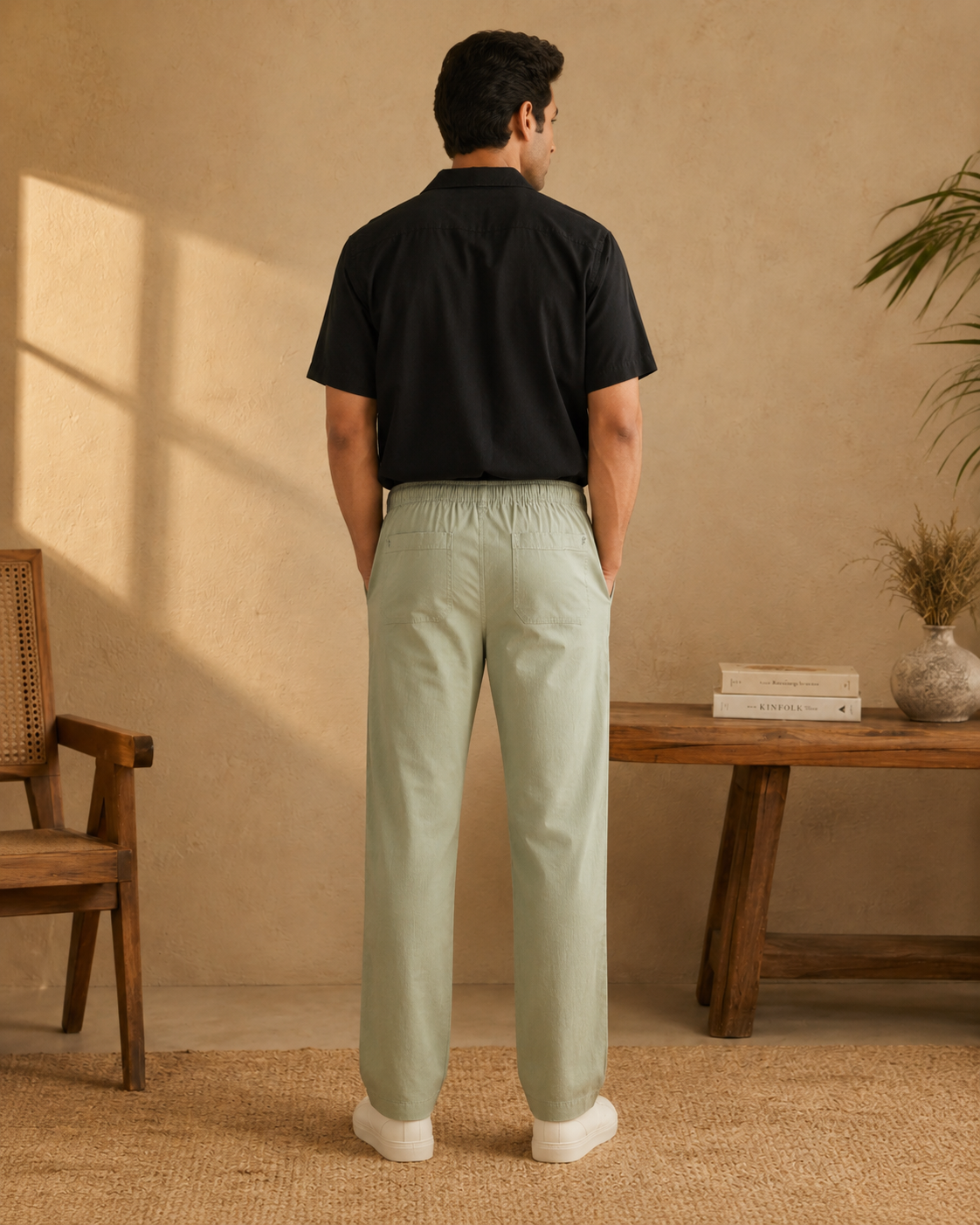 Back view of men’s Pista cotton linen pajama pants showing two patch pockets
