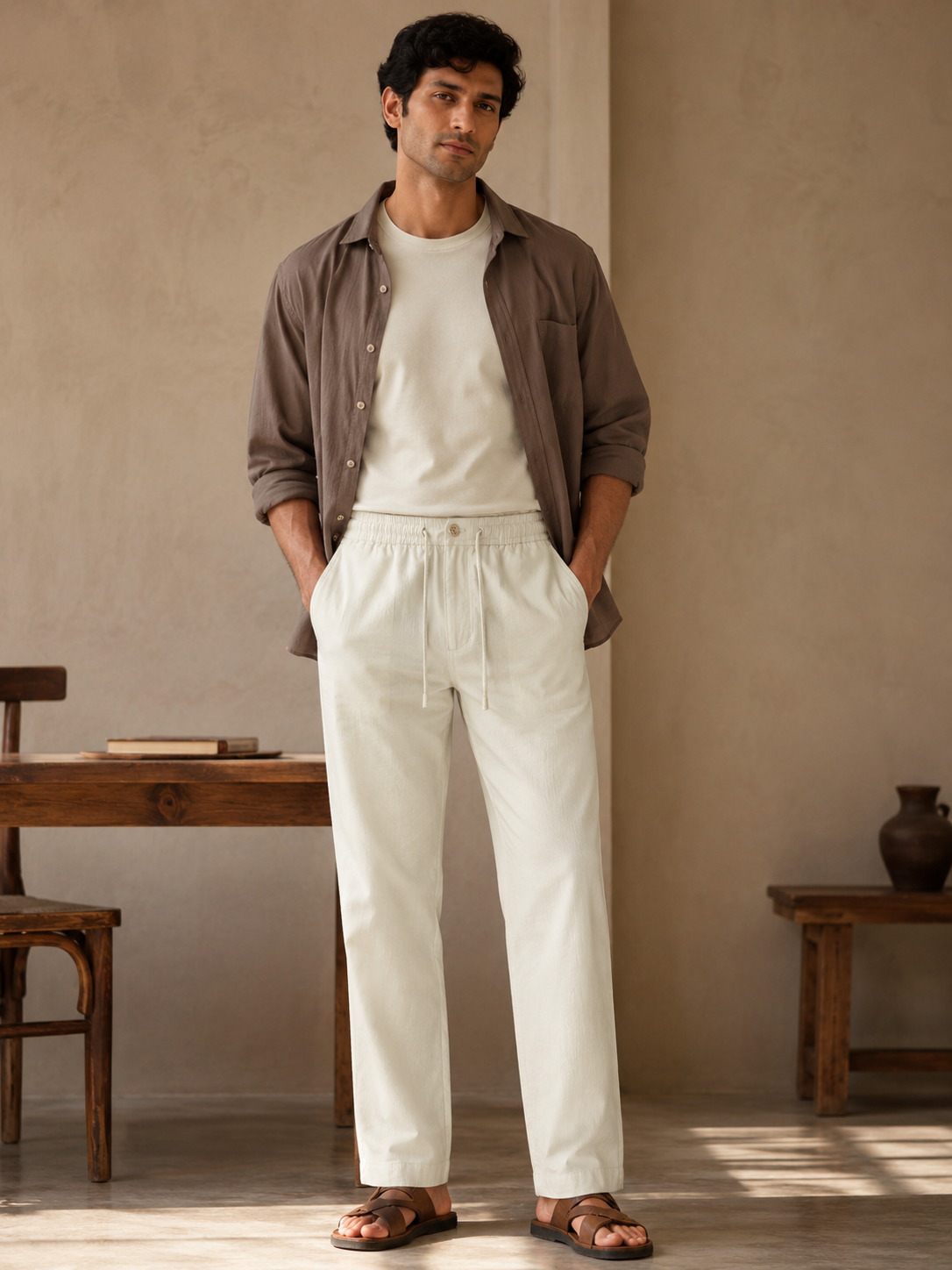 Solah Anna men's white cotton linen pajama pants front view